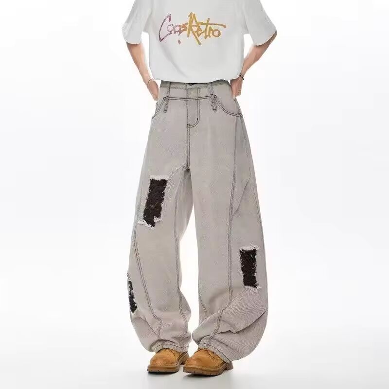 American Hip Hop Fashion Ripped Jeans For Men 2025 Summer Straight-Leg Baggy Denim Pants Splicing Washed Y2K Vintage Jean