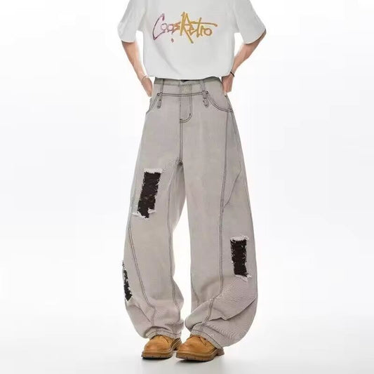 American Hip Hop Fashion Ripped Jeans For Men 2025 Summer Straight-Leg Baggy Denim Pants Splicing Washed Y2K Vintage Jean