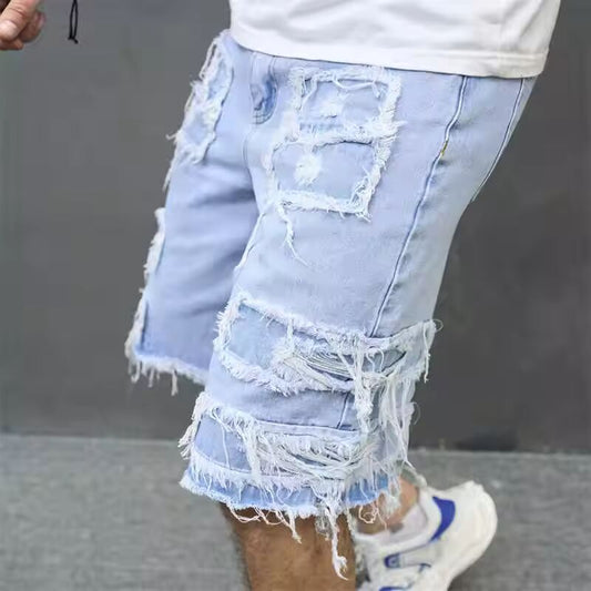 Denim Hole Knee Length Men Washed Jean Mid Waist Spliced Ripped Pockets Loose Fit Distressed Straight Pants 2024 Casual
