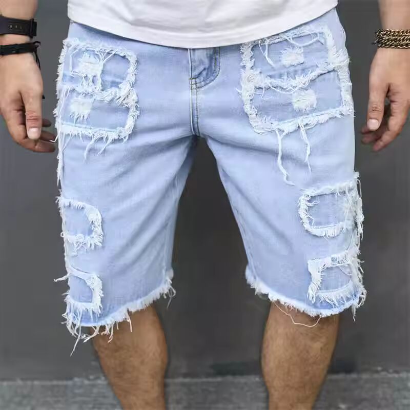 Denim Hole Knee Length Men Washed Jean Mid Waist Spliced Ripped Pockets Loose Fit Distressed Straight Pants 2024 Casual