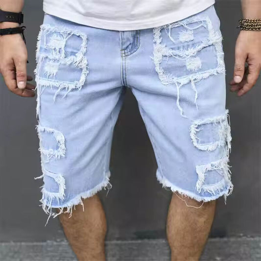 Denim Hole Knee Length Men Washed Jean Mid Waist Spliced Ripped Pockets Loose Fit Distressed Straight Pants 2024 Casual