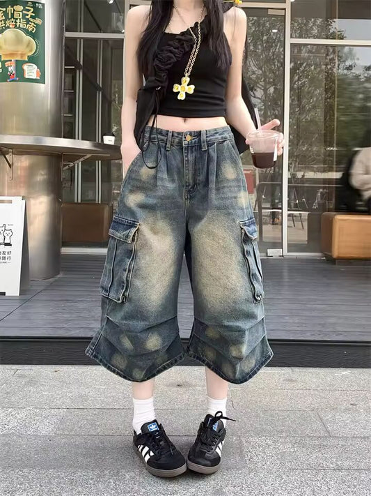 2025 Summer Women Goblin Core Harajuku Jorts Y2k Streetwear Korean Calf-Length Jean Shorts 2000s Denim Cargo Pants Abi Grunge