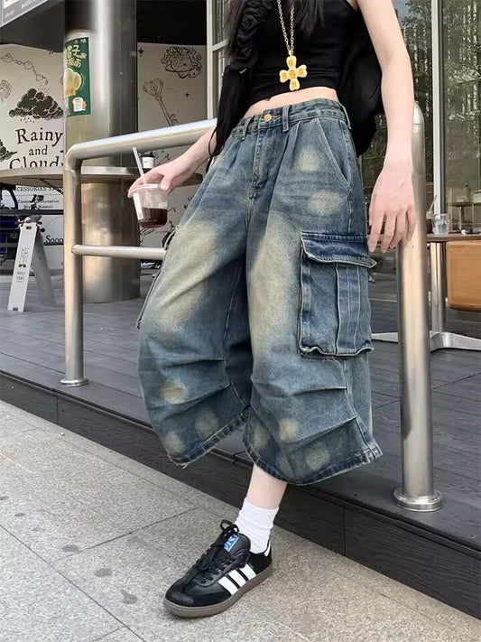 2025 Summer Women Goblin Core Harajuku Jorts Y2k Streetwear Korean Calf-Length Jean Shorts 2000s Denim Cargo Pants Abi Grunge