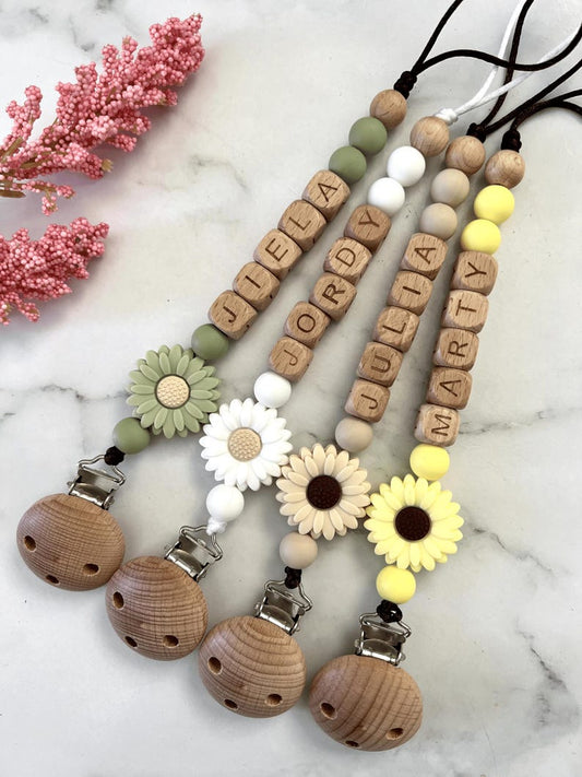 Flower Personalised Dummy Clip, Custom Dummy Chain, Pacifier Clip, Baby Gift, Baby Boy Girl, Newborn Child, Name Soother Holder